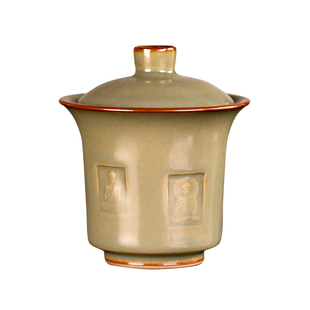 善窑厂李善明雕刻龙门石窟佛像粉青盖碗 高端汝窑茶器泡茶碗礼盒