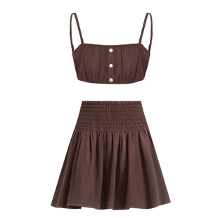 DeesseSicile 海岸假日清凉透气100亚麻吊带短裤巴厘岛度假套装女