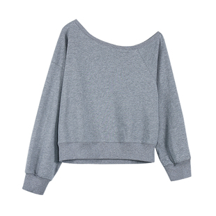 pusumede【空气斜肩】韩系慵懒斜肩长袖卫衣女宽松松弛感露肩上衣