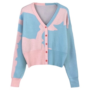 骄阳似我赵今麦聂曦光同款撞色开衫毛衣外套女短款v领针织衫上衣.