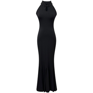 黑色新中式削肩连衣裙夏季新款高级感立领露肩修身包臀鱼尾裙长裙