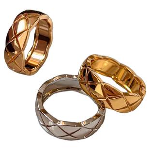 韩国金属小香风玫瑰金银色菱格纹素圈食指中指戒指女轻奢高级感