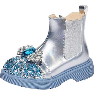 闪闪鞋|斯纳菲女童靴子爱莎公主水晶鞋冬加绒保暖小女孩时尚短靴