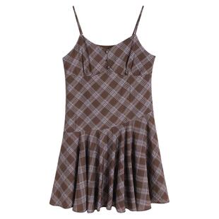 弥古咖色格子吊带裙女高级感不规则连衣裙2025秋冬内搭小个子短裙