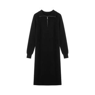 LAGOGO气质翻领黑色针织连衣裙女拉谷谷2025年冬新款长款毛衣裙子