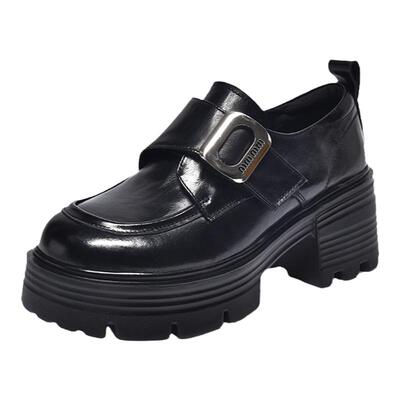 春季鞋子新款时尚圆头粗跟乐福鞋单鞋春秋不累脚真皮软底女皮鞋FD