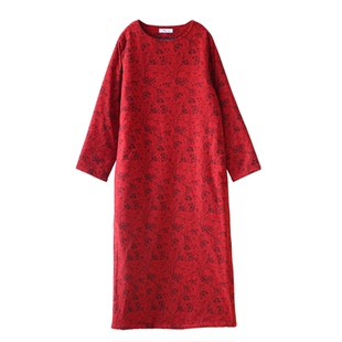 高级新年红气质纯棉印花加厚棉服袍子连衣裙原创秋冬款本命年宽松