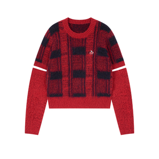 樱桃KIRSH 刺绣格纹针织毛衫女2026春韩系时尚红色圣诞毛衣上衣