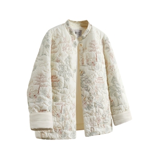 她池新中式棉衣2026春装新款女装国风刺绣单排扣宽松款棉服外套