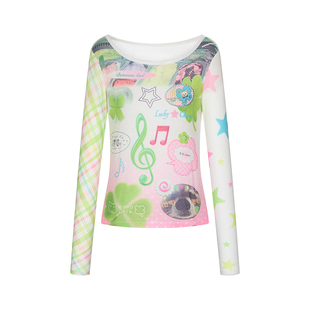 BETWEENAND 夏日千禧幸运音符印花微薄显瘦轻亚拼接长袖上衣新款