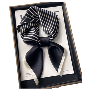 黑白条纹真丝桑蚕丝小丝巾方巾女春秋护颈脖子职业装饰围巾70x70