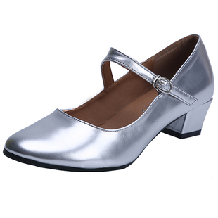 四季广场舞鞋女高跟舞蹈鞋成人软底真皮中跟中老年交谊现代跳舞鞋