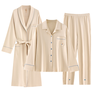 睡袍女士睡衣春秋款秋季浴袍睡裙长款薄款纯棉长袖家居服三件套装