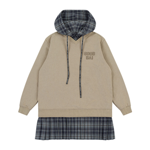 GOODBAI 粗体logo贴布绣拼接连帽抽绳卫衣连衣裙