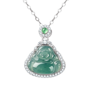 宫里上新翡翠项链女款天然冰种弥勒佛吊坠纯银佛公毛衣链生日礼物