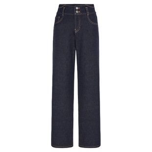 HPLY荷比俪2025冬新款通勤风藏青色加绒显瘦高腰直筒牛仔裤