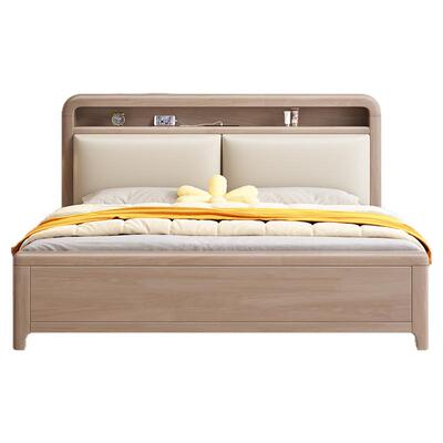 实木床1.8米主卧室双人床暖杏色简约现代皮靠软包1.5m满铺储物床