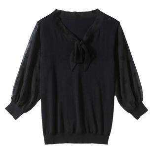 短袖冰丝针织衫女2025春夏新款宽松中袖七分袖上衣圆领网纱T恤衫