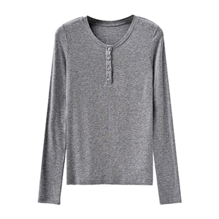 SEAWHEN海维恩亨利衫长袖T恤女春秋季莱赛尔羊毛正肩修身打底衫