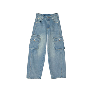 收胯一jue！~大口袋工装牛仔裤女早春新款显瘦高腰宽松阔腿工装裤