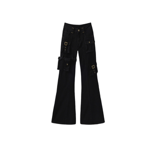 轻亚朋克机车辣妹黑色多口袋微喇牛仔裤女复古低腰修身设计感长裤