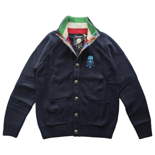 HYDROGEN美式复古立领开衫男骷髅头刺绣保暖针织衫毛衣翻领修身潮