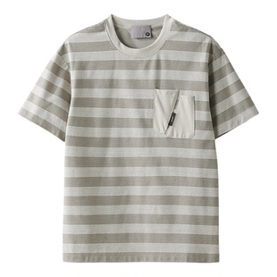 LUUD 透气棉涤混纺撞色圆领短袖男士双片拼接贴袋色织条纹T恤上衣