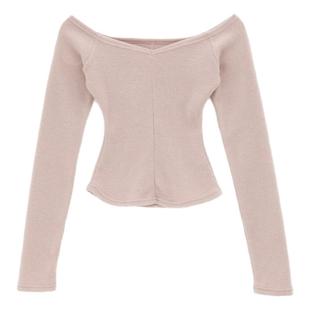 eihey诶嘿中线拼接显瘦纯色露肩短款长袖高级感修身弹力长袖T恤衫