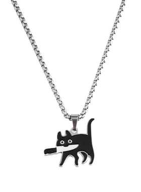 嘻哈男潮ins叼小刀猫咪项链
