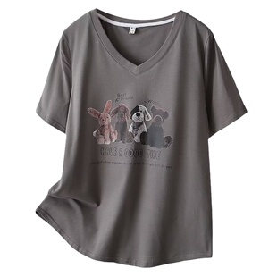 大码女装正肩圆领小熊印花短袖t恤胖mm夏季新款韩版休闲可爱上衣