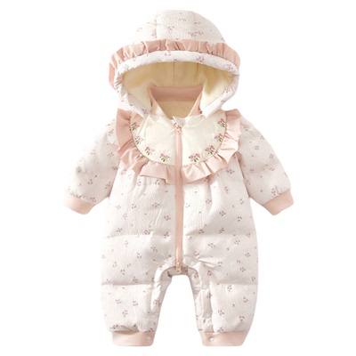 婴儿羽绒服连体衣冬装婴幼儿衣服公主女宝宝白鸭绒连帽外出服冬季