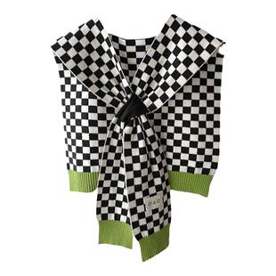 网红棋盘格春秋针织小披肩外搭女时尚洋气绿色衬衫搭肩高级感围巾