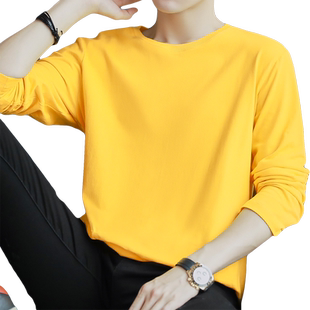 纯棉纯色长袖t恤男秋季全棉内搭秋冬打底衫圆领宽松潮流黄色秋衣