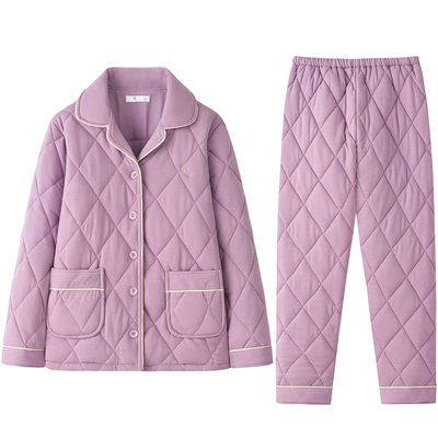 睡衣女冬季三层加厚针织纯棉