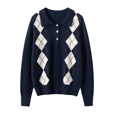 POLO领羊绒衫女100纯山羊绒毛衣秋冬款宽松复古菱形格针织打底衫