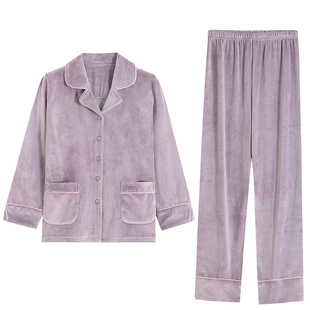 海岛绒睡衣女士秋冬季薄款珊瑚绒中年妈妈家居服春秋大码保暖套装