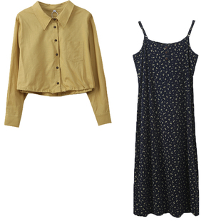 城市休闲风套装胖仙女莹莹大码女装胖mm秋短款外套碎花吊带连衣裙