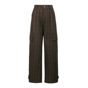 sdeer圣迪奥女装25年新品时尚高腰插袋格纹直筒毛呢长裤S254Z0807