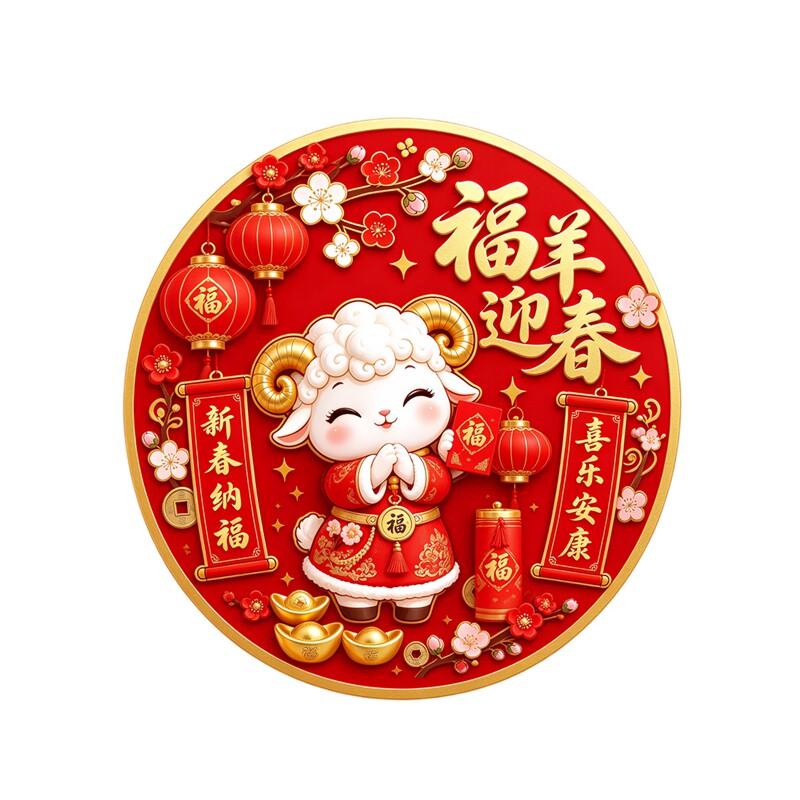 福羊迎春圆形墙贴福字贴小羊送红包灯笼新春喜庆房门防水装饰贴纸