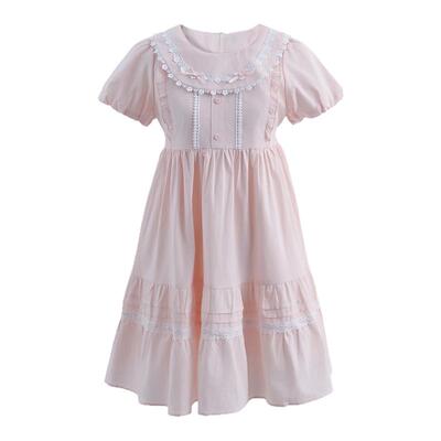 森女部落学院风蕾丝泡泡袖连衣裙女2026新款宽松纯棉少女长裙夏季