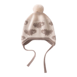秋冬100%纯羊绒针织儿童帽子毛球护耳保暖提花麋鹿婴儿宝宝包头帽