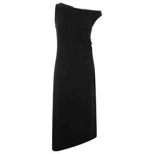 INSPIRE&STORIES女士黑色斜肩掐褶开衩斜下摆中长款连衣裙