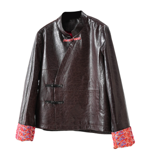 国风新中式盘扣拼红色绵羊皮皮衣女2026春新款短款真皮外套欧货