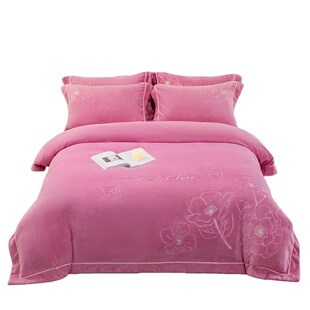 床上牛奶绒四件套双面珊瑚绒冬季法兰短毛绒床笠加绒加厚被套1.8m