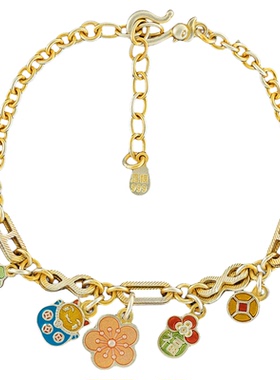 满载 足银999复古珐琅桃花招财猫吉言花朵手链新中式百搭纯银实心