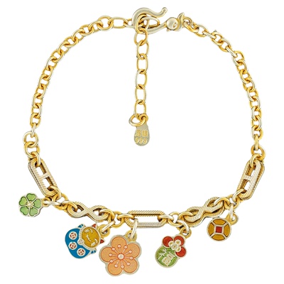 满载 足银999复古珐琅桃花招财猫吉言花朵手链新中式百搭纯银实心