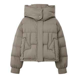 红袖冬季新款女装抽绳落肩拉链立领连帽羽绒服