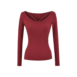 YoungGirlDay 纯欲风性感U领交叉绑带修身显瘦长袖打底针织衫上衣