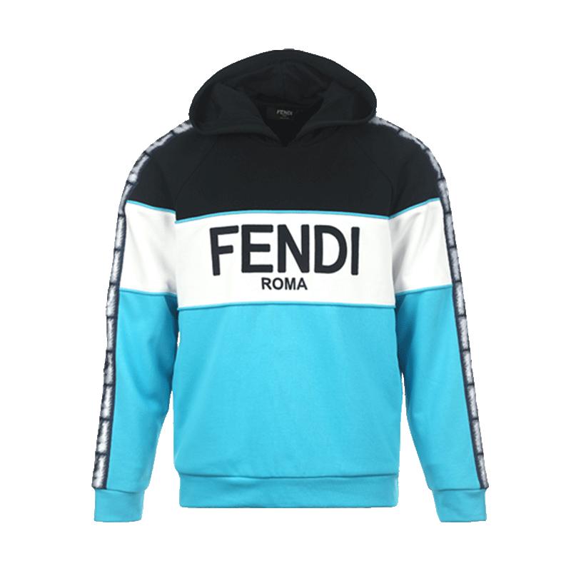 【自营】FENDI芬迪男士logo印花休闲撞色拼接宽松套头连帽卫衣