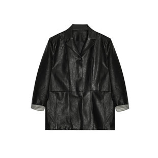 CIZZLEMORE【时髦阔西】法式复古风袖口条纹拼接黑色皮衣外套女